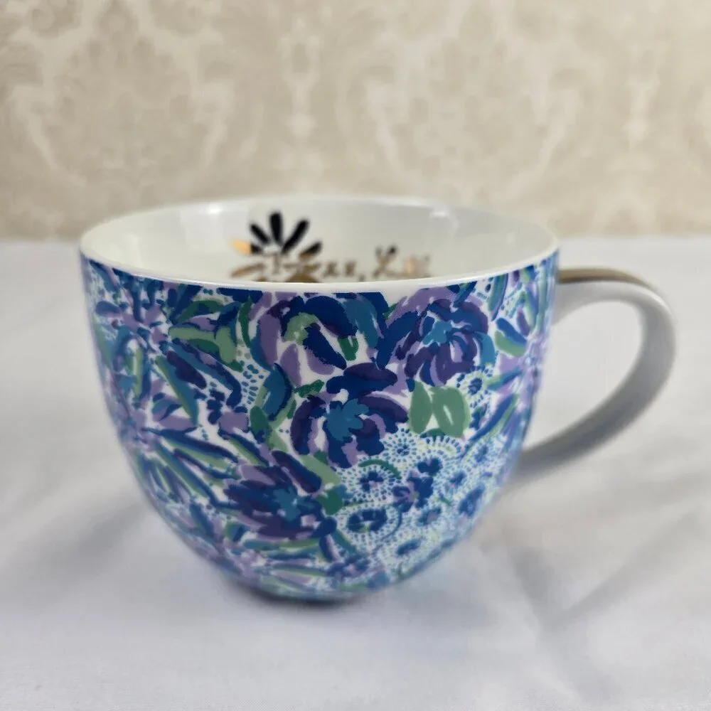 Lilly Pulitzer High Maintenance Blue Floral Hidden Lion Mug Ceramic Gold Accents